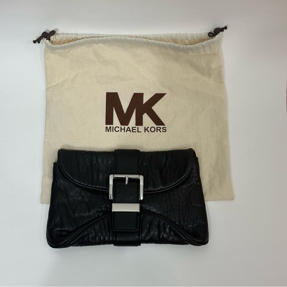 Michael Kors Leather Envelope Clutch Purse Black Silver - Picture 2 of 5